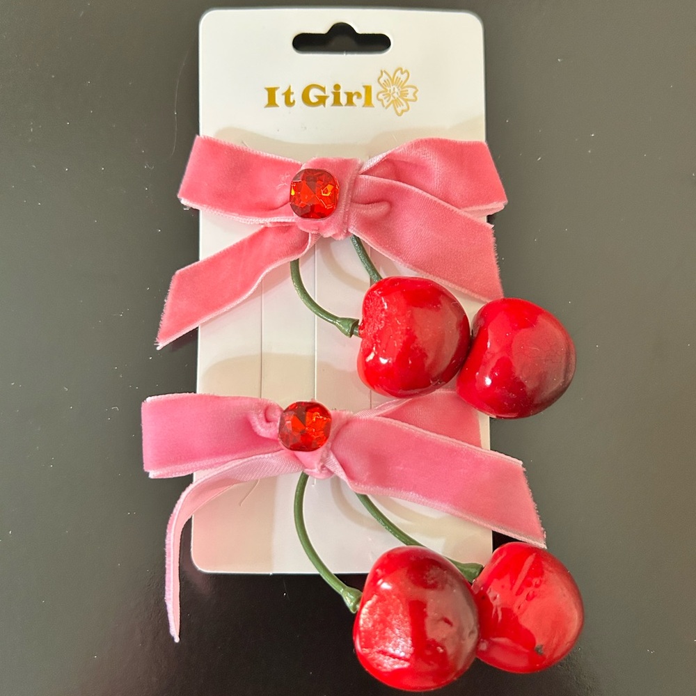 It Girl Pink Cherry Hair Clips with Velvet Ribbon Bow Set of 2 Barrettes New - Picture 1 of 11